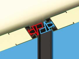 Герметизация стыков вертикальных панелей обеспечивается с помощью резинового шипового уплотнителя 