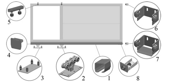 Типовой вид и позиции основных комплектующих для откатных ворот