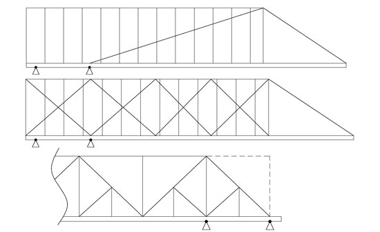 Неправильное (сверху) и правильное (в центре и снизу) проектирование раскосов в конструкции полотна откатных ворот